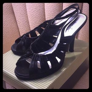 Black satin open toe heels 6.5